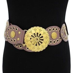 KM-1576 G/Br Nadia Western Metal Floral Y2K Disc Bucile Belt Gold/Brown